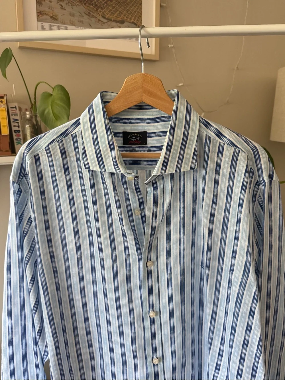 Paul & Shark 100% Linen Blue White Striped Button-Up Shirt - Picture 3 of 7